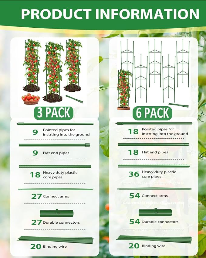 6 Pack Tomato Cages for Garden, 51 Inches Adjustable Tomatoes Plant Stakes Support Cages Trellis, Garden Trellis for Vegetable Flowers Fruits Climbing Plants- 20 Binding Wires Included
