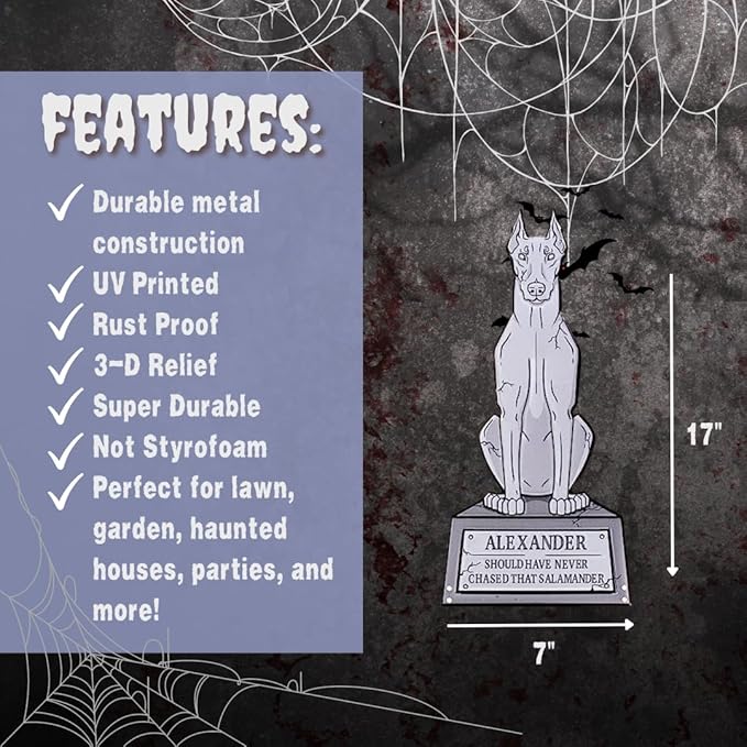 3-D Metal Halloween Pet Cemetery 17" Tombstones - Full Set of 6 w Stakes -Durable, Rustproof, UV Raised Printing- Upgrade Your Haunted House Mansion Cemetary Lawn Decor- No More Flimsy Foam Graveyards