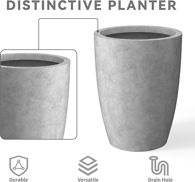 Kante 18.1",20.5",22.4" H Tall Round Concrete Planters Set of 3, Outdoor Indoor Modern Decorative Plant Pots with Drainage Hole & Rubber Plug for Home & Garden Natural Concrete