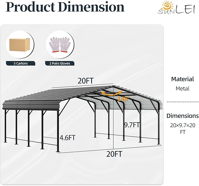20'x20'x9.7' Metal Carport, Heavy Duty Metal Canopy with Galvanized Steel Roof and Frame, Bass Boat, Trucks, Car and Tractors, 20 * 20