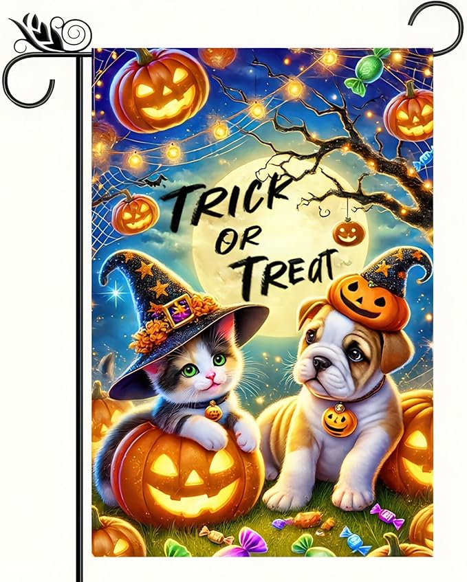 Halloween Garden Flag Double Sided 12x18 Flag Halloween Cat Dog Pumpkin Garden Flag Cute Halloween Dressed Kitten And Puppy Trick Or Treat Theme Indoor Outdoor Home Garden Decor Lawn Banner