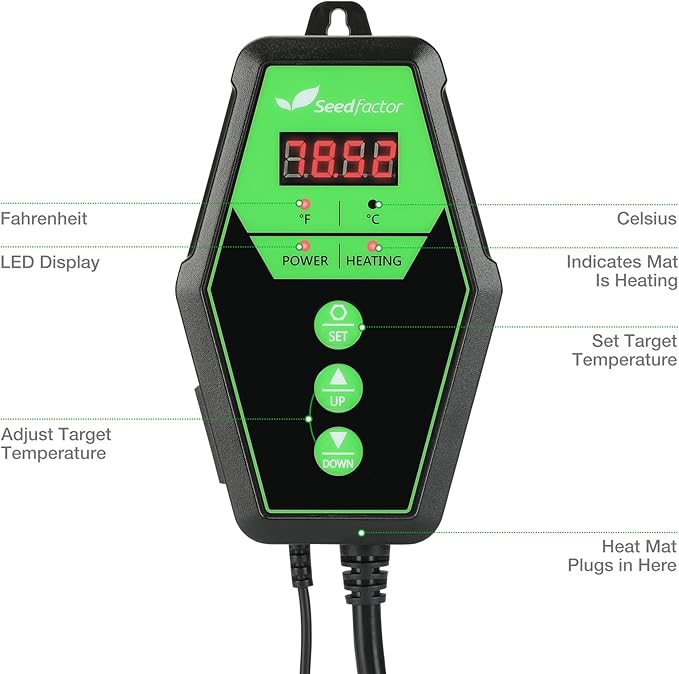Seedfactor Digital Heat Mat Thermostat Controller for Seed Germination, Reptiles and Brewing Breeding Incubation Greenhouse, 40-108°F, 8.3A 1000W FCC-Certified, UL-Listed
