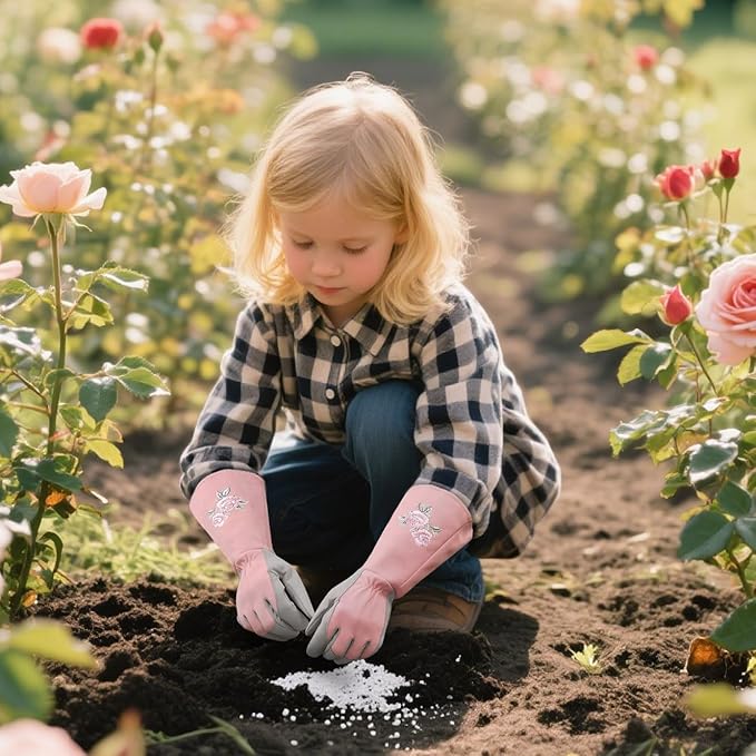 Kids Garden Gloves with Thorn Resistant, Embroidery Children Gardening Gloves with Extra Long Forearm Protection(6-8)