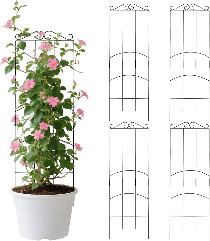 32 Inch Metal Plant Trellis for Climbing Plants Outdoor，4 Pack Garden Trellis for Potted Climbing Plants Indoor Houseplants Flowers Vine Ivy,Black,Rectangle