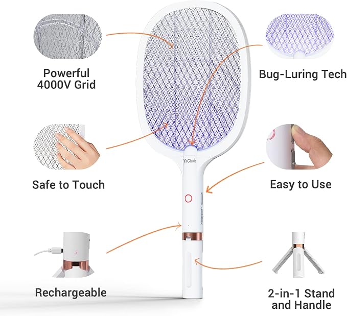 Electric Fly Swatter Racket, Rechargeable Fly Zapper - 4000 Volt, Exclusive 2-in-1 Bug Zapper Racket - USB Charging, 1800mAh Li-Battery, Indoor & Outdoor Use, White, 2 Packs