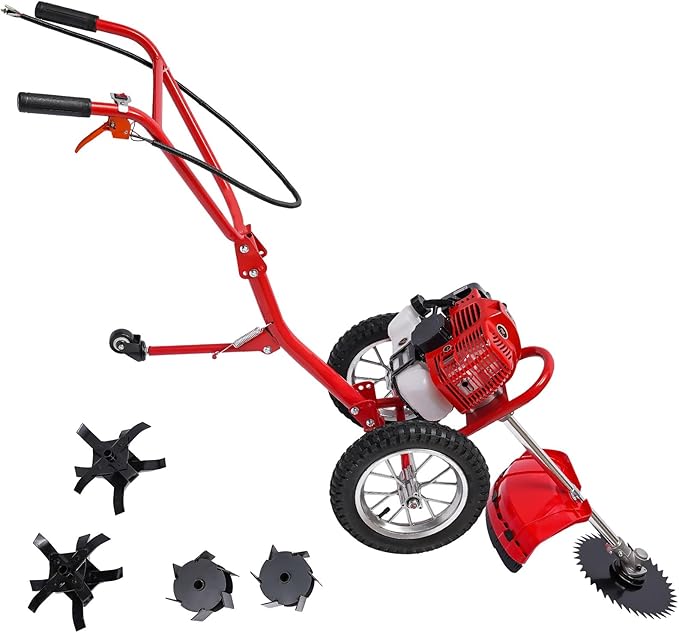 49CC 2 Stroke Walk-Behind Lawn Mower Brush Mower with Wheels 1.8Kw Gasoline Hand Push Grass Trimmer for Orchards Vegetable Fields Gardens Lawns, 3 Functions