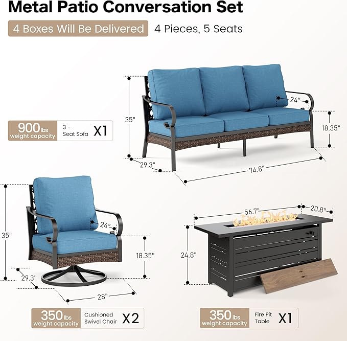 4 Piece Black Metal Outdoor Patio Furniture Sets with Firepit Table, Patio Conversation Sets 1 3-Seater Sofa, 2 Swivel Sofa with 5.75" Thick Cushion Backyard Furniture for Deck, Navy