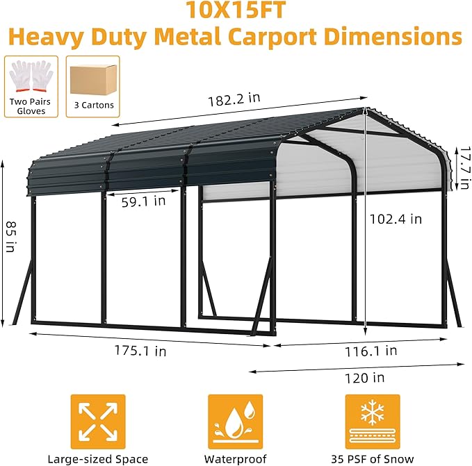 10' X 15' X 8.5' Heavy Duty Metal Carport with Galvanized Roof, Weatherproof Car Garage Shelter, All-Weather Permanent Cover for Cars/Trucks/Boats/Tractors