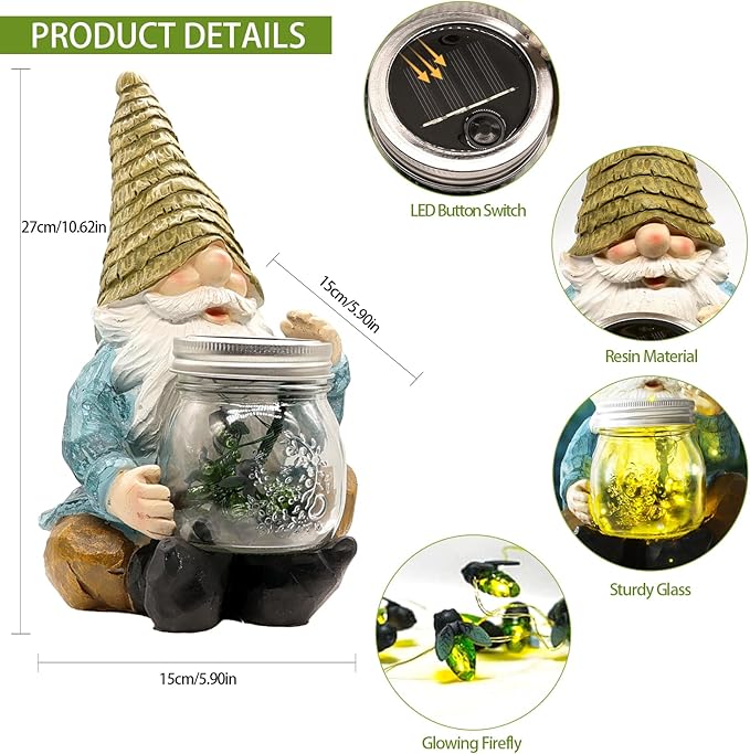 Solar Firefly Jar Gnome Waterproof- Halloween Large Garden Gnome Funny Solar Outdoor LED Lights Resin Statues 10.6" Lantern Figurines Decorations Birthday Gifts for Mom Women-Housewarming Gifts