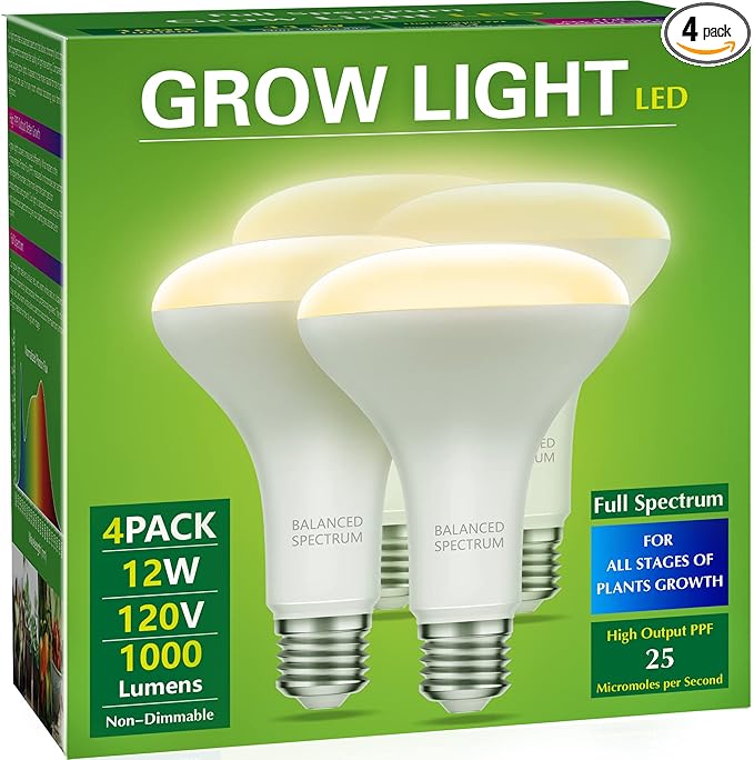 Briignite 4 Pack LED Grow Light Bulb, BR30 Grow Light Bulbs, Full Spectrum Grow Light Bulb 12W, 120W Equivalent, E26 Plant Light Bulbs, Grow Light for Indoor Plants, Seedlings, Greenhouse