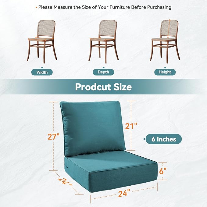 Luxury 6" Outdoor Cushions for Patio Furniture, 24x24x6 Thick Seat Cushion Set, Fade Resistant Couch Chair Replacement Cushions High Density Deep Wicker Chair Cushion with Removable Cover, Green