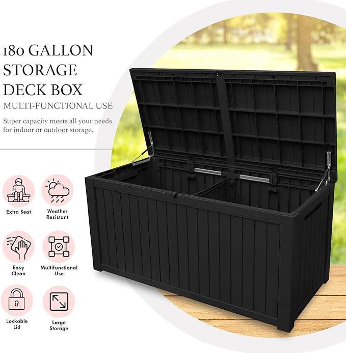 AJP Distributors 180 Gallon Outdoor Storage Box, Rain Waterproof Resin Deck Box, Lockable Large Storage Container for Patio Furniture, Cushions, Garden Tools, Sports Equipment and Pool Supplies Black