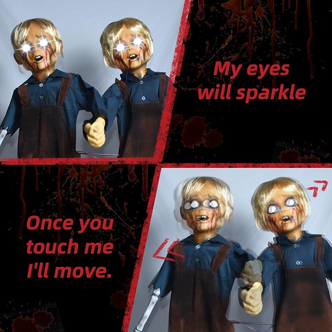 HOYECHI Animatronic Halloween Decorations Twin Boys 4.3ft – Scary Halloween Decorations for Yard, Motion & Sound Activated Outdoor Decor, Footstep & Touch Trigger