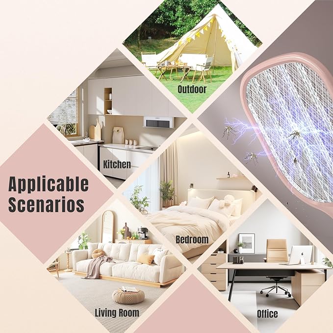 Electric Fly Swatter Racket 3000V Bug Zappers, Mosquito Zappers USB Rechargeable, 1200mAh Mosquitoes Killer Lamp & Fly Zappers with 3 Layer Safety Mesh for Home, Bedroom, Kitchen, Patio (2Pack-Pink)