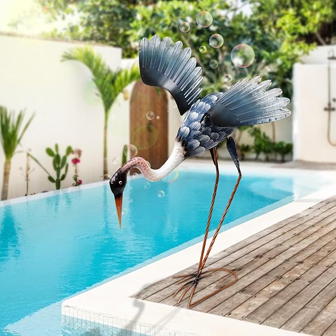 MUMTOP Crane Garden Statues for Outside, Blue Heron Garden Sculpture Statue, 25 Inch Large Bird Yard Art for Backyard Pond Patio Porch Decoration