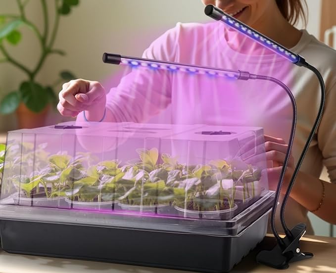 50p 3.5" Clear Nursery Pots with 4p Trays and 2p Adjustable LED Grow Lights – Transparent Plant Pots with Drainage Holes, Complete Seed Starter Kit with 5" Tall Humidity Dome for Plant Propagation