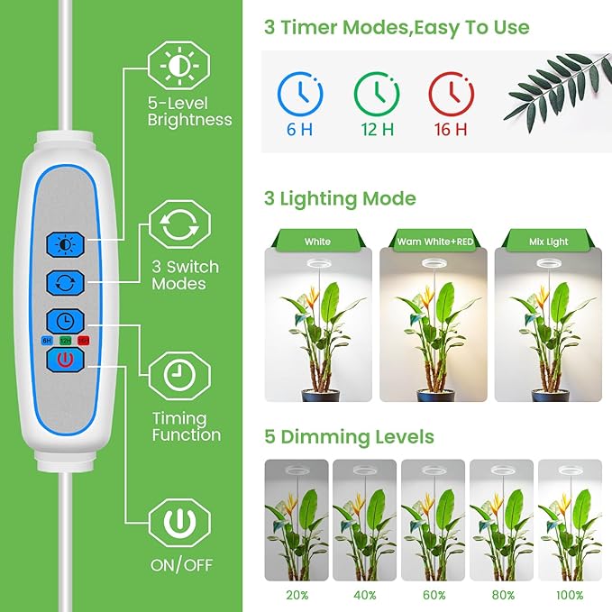 Grow Lights for Indoor Plants, 6000K Full Spectrum Plant Grow Lights, Height Adjustable 10"-65" Growing Lamp, Automatic Timer 6/12/16Hrs, 5-Level Dimmable, Idea for Large Plant, 2 Pack