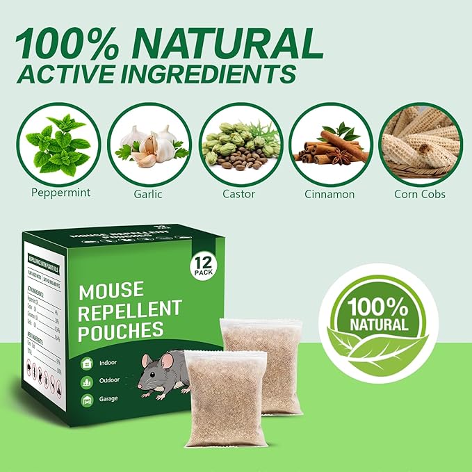 12 Pack Mouse Repellent Pouches - Natural Peppermint Oil, Long-Lasting Rodent Deterrent - Safe for Pets & Family, ice Repellent Indoor/Outdoor Use in Garage, Car & Garden