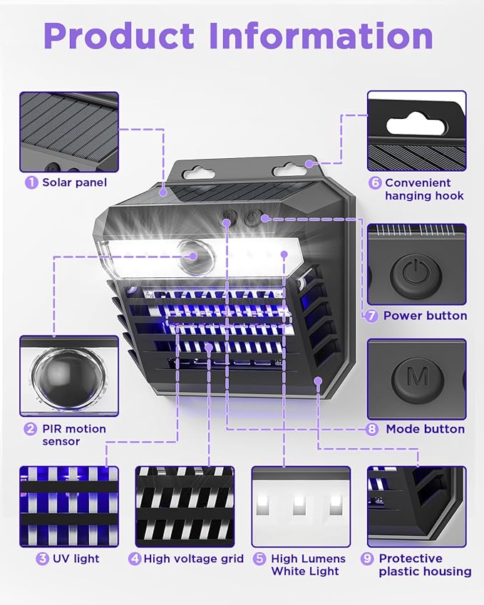 2-in-1 Solar Bug Zapper Outdoor Waterproof with Motion Sensor Light, Cordless Mosquito Zapper Outdoor with 3 Modes, Rechargeable Fly Trap Mosquito Killer Lamp for Patio (Black)