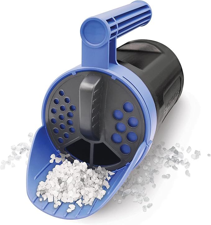Snow Joe SJSPD1 Handheld All-Season Multi-Purpose Spreader, 5 lbs, w/Adjustable Dial Flow Control, for Ice Melt, Grass Seed and More, Blue/Black