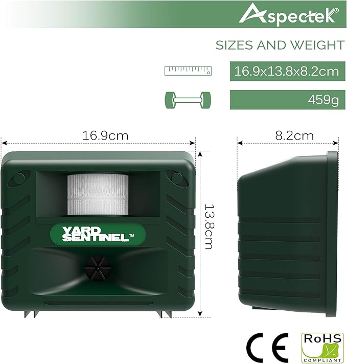 ASPECTEK Includes AC Adapter, Extension Cord Pest Repeller Yard Sentinel 2 Pack Outdoor Ultrasonic Animal Control, Green, Sound Frequency:15 kHz -18 kHz