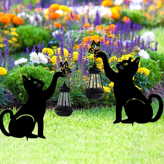 Solar-Powered Black Cat Garden Decor Stakes - Metal Silhouette Figurine for Outdoor Yard, Lawn, and Patio Decoration