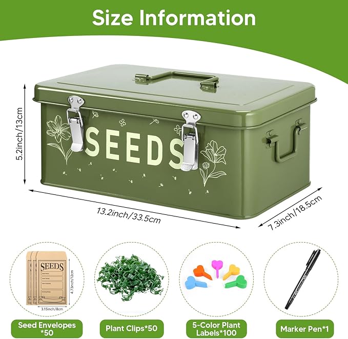 Seed Organizer Storage Box with 4 Compartments Lockable Sealed Metal Seed Container Kit Includes 50 Seed Bags 100 Plant Tags 50 Clips and Marker