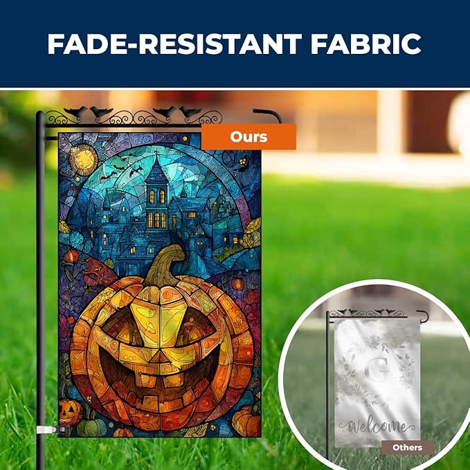 Halloween Garden Flag 12x18 – Double Sided Burlap Flag with Pumpkin & Stained Glass Design –Fall Outdoor Yard Decor for Halloween