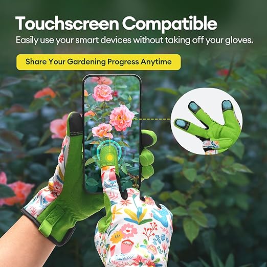 Gardening Gloves for Women, Breathable Leather Work Gloves, Thorn-Proof Gardening Gifts, Touchscreen Compatible, Protective Work for Digging, Planting, Pruning, Medium Size, Green & White