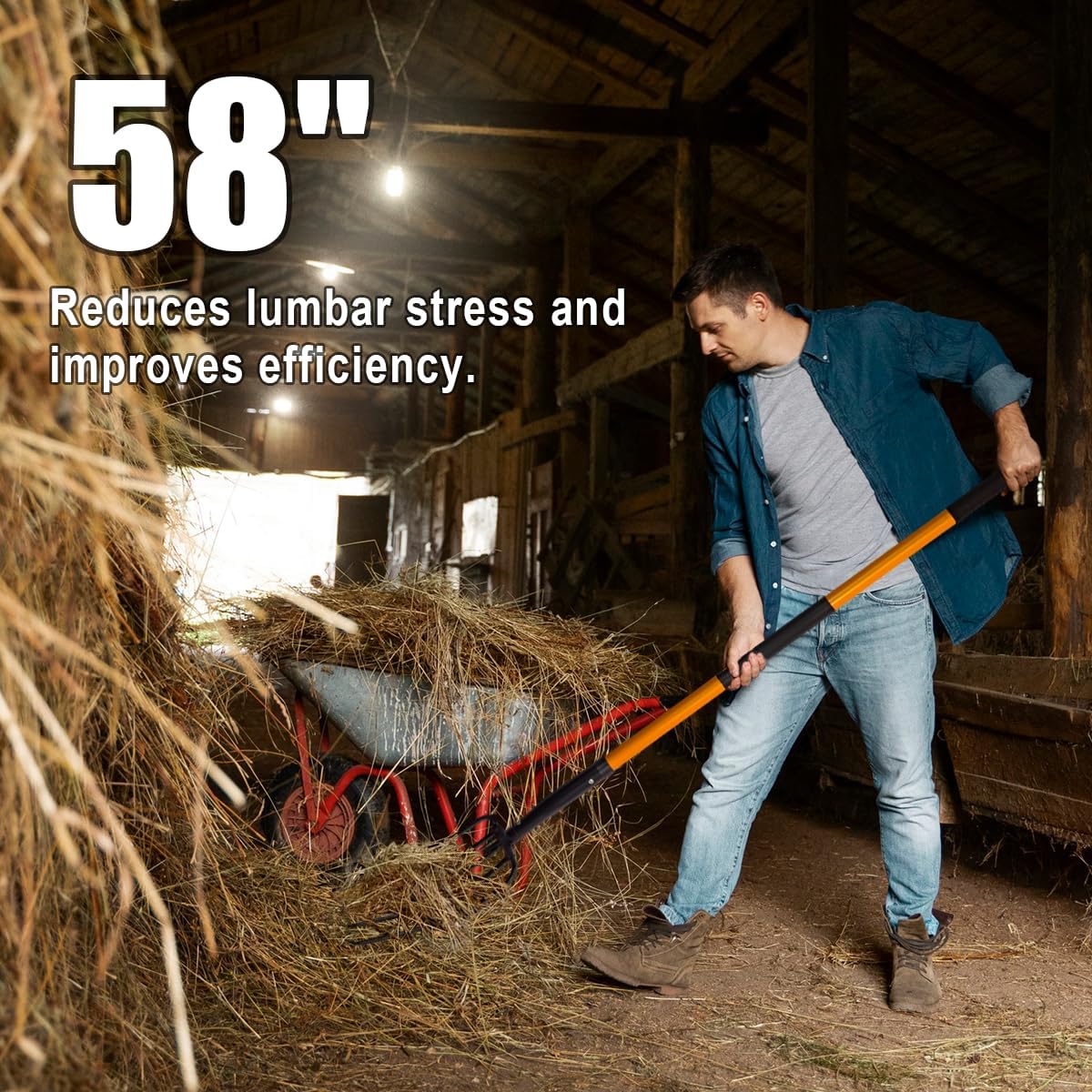 Pitch Fork for Gardening, 5 Tine Pitchfork Heavy Duty with Fiberglass Handle, 58 Inches