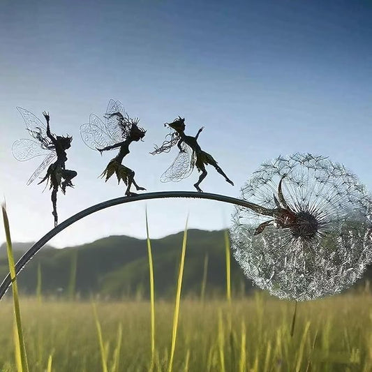 Flower Fairy Dancing with Dandelion, Art Sculpture Fairies for Fairy Garden, Angel Metal Ornaments Gardens Art Sculpture, Outdoor Decorations for The Courtyard, Christmas and Halloween Lawn (D)