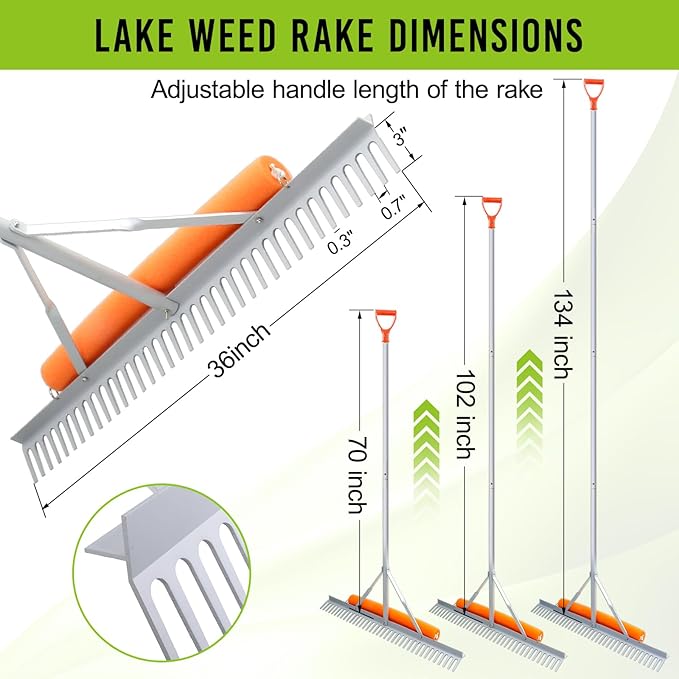 Floating Weed Lake Rake, 36 Inch Widths Pond Rake Aquatic Weed Rake, 133 Inch Extensible Multifunctional Folding Weeding Rakes, Aluminum Landscape Rakes with 49.2 FT Rope