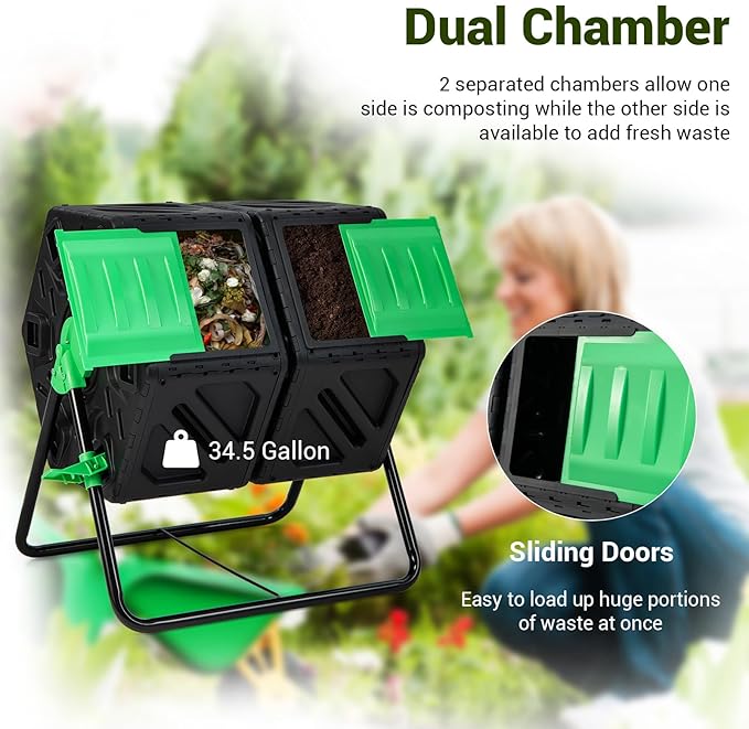Goplus Compost Bin, Dual Chamber 34.5 Gal Compost Tumbler with 2 Rotating Chambers, Sliding Doors, High-Volume Outdoor Garden Composter, Rotating Composting Bin for Garden Yard, BPA Free