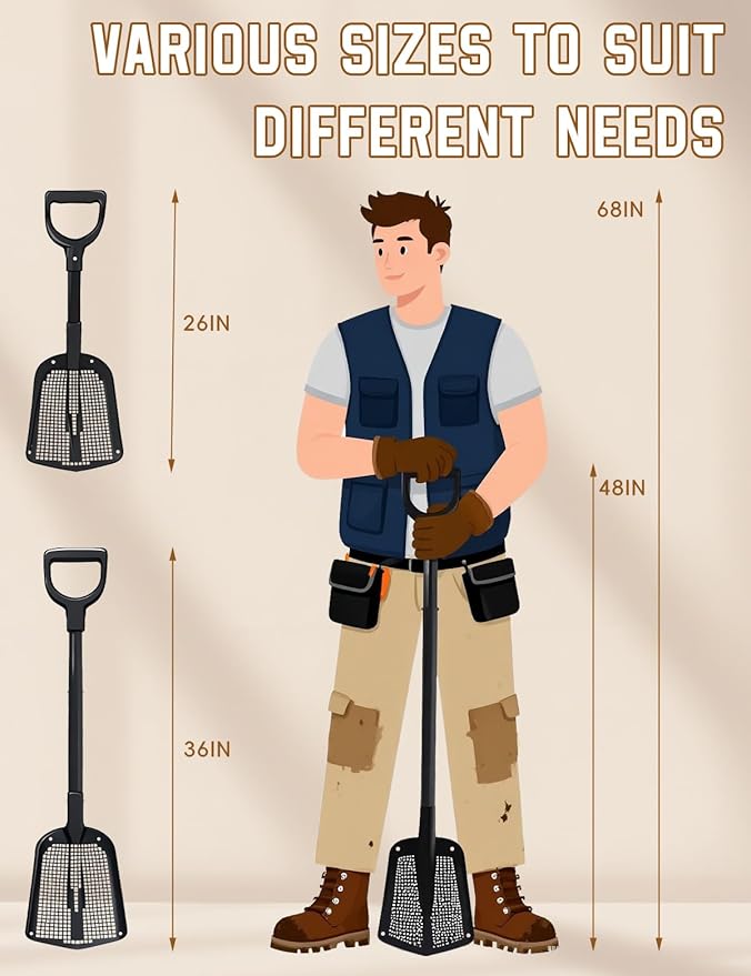 Heavy Duty Sifting Shovel with Adjustable Handle (26"-48") – Metal Sand Sifter Scoop with D-Grip for Chicken Coop, Beach, Farm Goat Stall & Garden Poop Cleaning – Durable Mesh Design