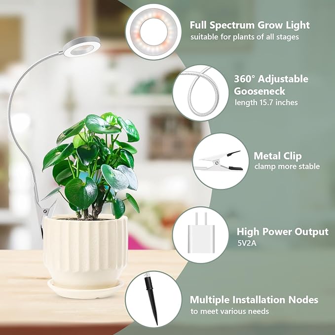 Grow Light, LED Full Spectrum Plant Light for Indoor Plants, 2 Mounting Methods Clip or Plug, White Halo Plant Growing Lamp with 3 Light Modes, 6/12/16H Timer, 5 Level Dimmable