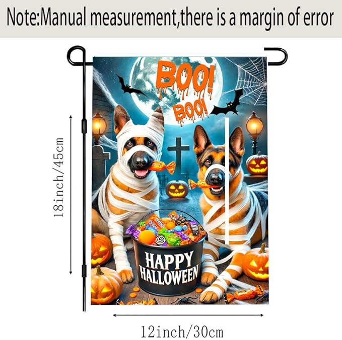 Halloween Garden Flag 11.81 x 17.72 Inch German Shepherd Dogs in Mummy Costume with Candy Pumpkins Bats and Full Moon Outdoor Yard Decoration for Holiday Party