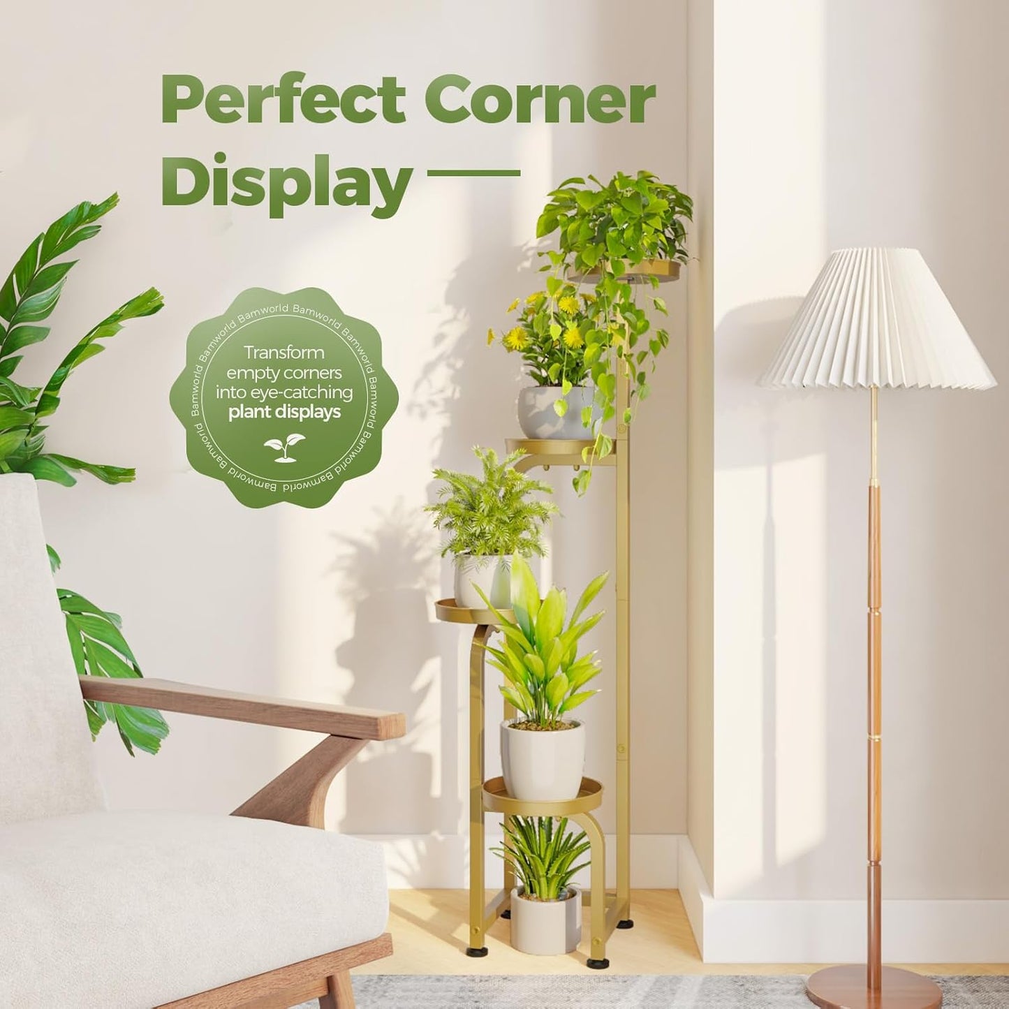 Bamworld Corner Plant Stand Indoor Outdoor, Tall Metal Flower Pot Stands for Multiple Plants, 4 Tier Gold Heavy Duty Plant Shelf for Patio Garden Balcony Living Room Bedroom(Patent Design)