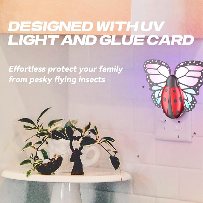 Flying Insect Trap Indoor, Light Fly Trap Captures Flies, Fruit Flies, Gnats, Moths, Mosquito and Other Flying Houseflies(1 Plug-in Device + 3 Pair Refills)