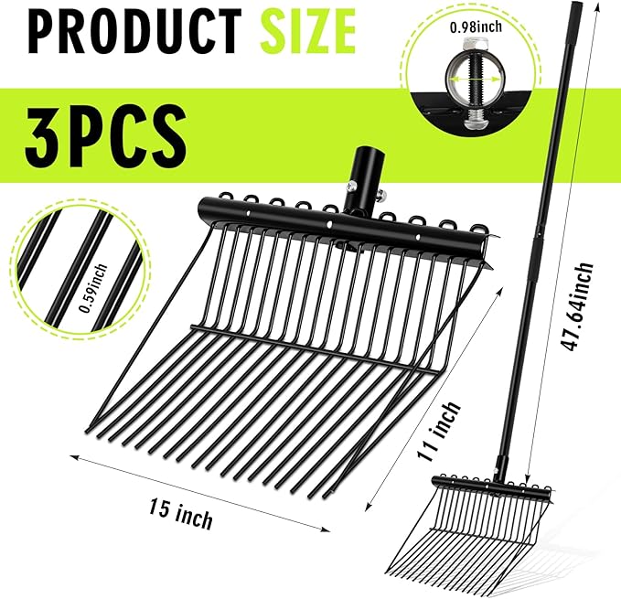 Lasnten 3 Sets Metal Manure Fork with Long Metal Handle Pitch Fork Manure Rake Black Heavy Duty Muck Rake for Gardening Horse Stall Stable Grass Hay Cleaning Farm Work