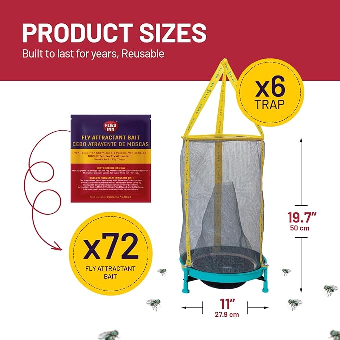 EZ Fly Cage Ranch Fly Trap with 2 Flies Inn Fly Attractant Bait Refill, Low Odor, Reusable, Built to Last for Years (6 Traps + 72 Baits, 1)