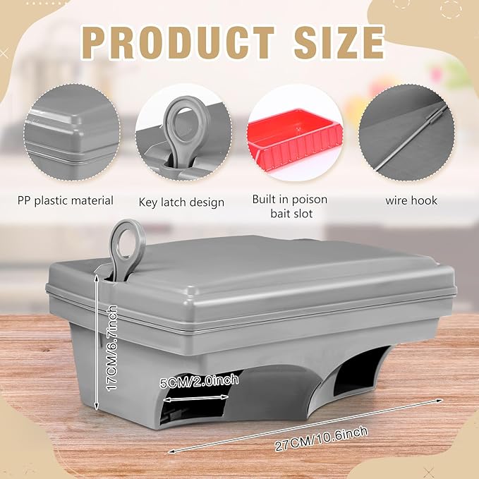 Qualirey 6 Pack Rat Bait Stations with 6 Keys Reusable Heavy Duty for Rodents Outdoor Mouse Poison Holder Large Station Traps for Mice Pests, Bait Not Included(Grey)