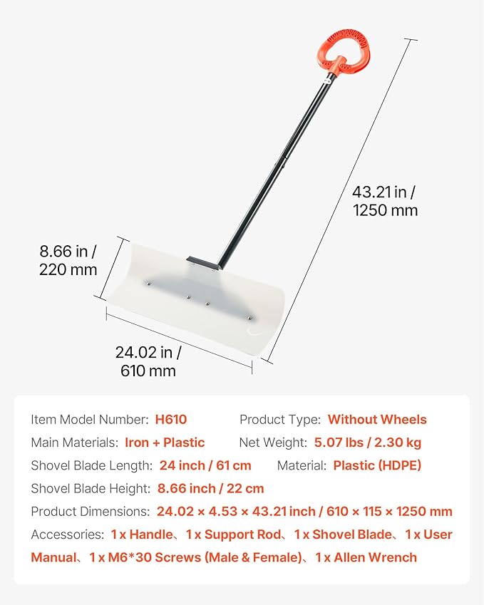 VEVOR Snow Pusher, 24 inch Wide Push Snow Shovel Plow for Driveway, Sidewalks and Doorways with Segmented Handle, Ergonomic Grip and HDPE Plastic Blade