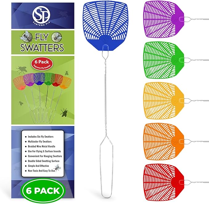 Supreme Bug & Fly Swatter 6-Pack – Braided Metal Handle 6 Pack Fly Swatters, Multi Pack Colors, – for Indoor/Outdoor – Flyswatter (21 inch- Set of 6)