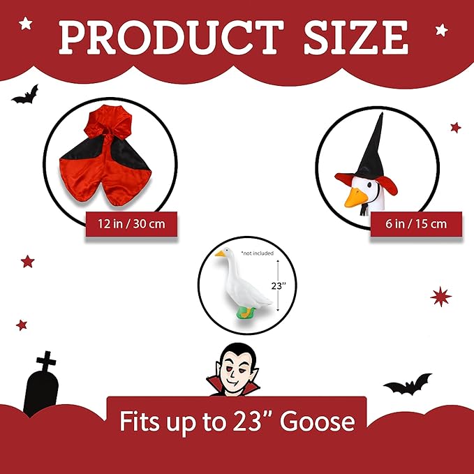 Lawn Goose Outfit – Glossy Cape & Adjustable Hat for 23″ Goose Statue – Halloween & Vampire & USA Flag Costume