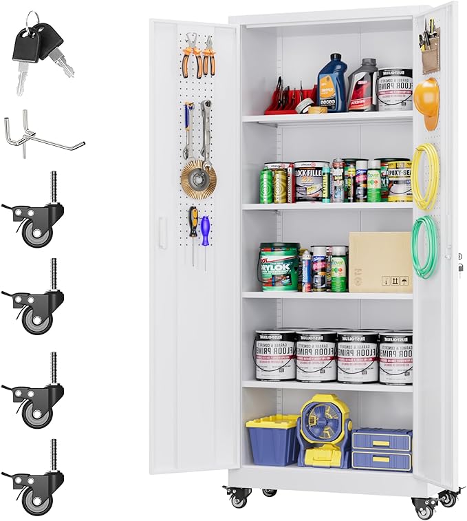 Metal Storage Cabinet with Wheels, Garage Storage Cabinet with 4 Adjustable Shelves and Pegboard for Garage Home Office Utility Room,73" H×31.57" W×15.71" D,Required Assembly,White