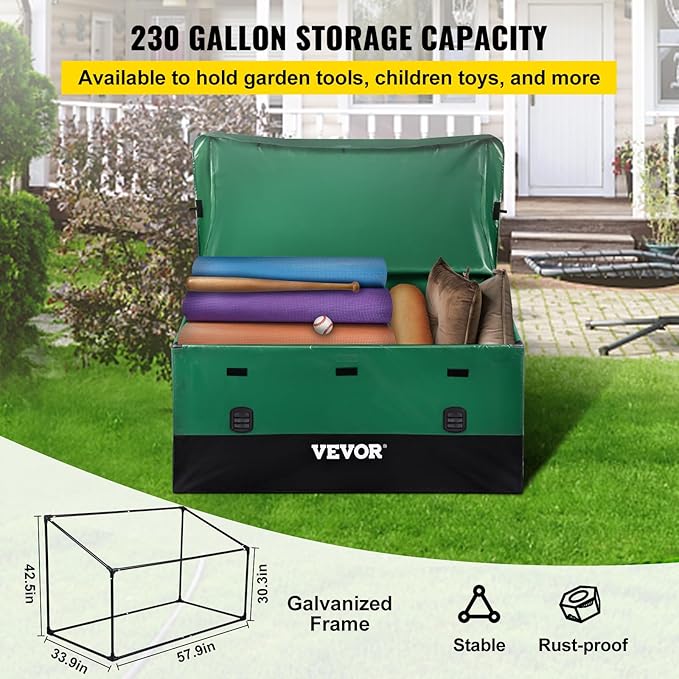 VEVOR Outdoor Storage Box, 230 Gallon Waterproof PE Tarpaulin Deck Box w/Galvanized Frame, All-Weather Protection & Portable, for Camping, Garden, Poolside, and Yard, Black & Green