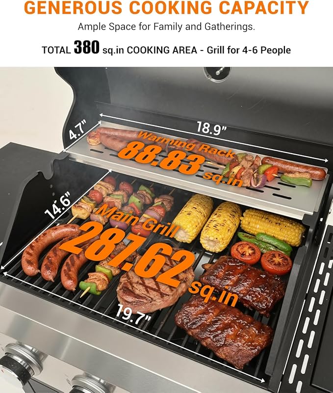 40,500 BTU 3-Burner Propane Gas Grill with Side Burner,Stainless Steel Outdoor BBQ Grill Portable with Wheels and Cast Iron Grates for Patio Garden Barbecue Cooking