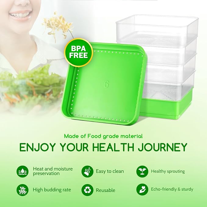 Creative.C Bean Seed Sprouter Kit Micro Greens Growing Trays with Sprout Lid Blackout Sleeves Drain Tray Four Tier Stackable Sprouts Growing Kit for Broccoli Alfalfa Seed Wheat Grass