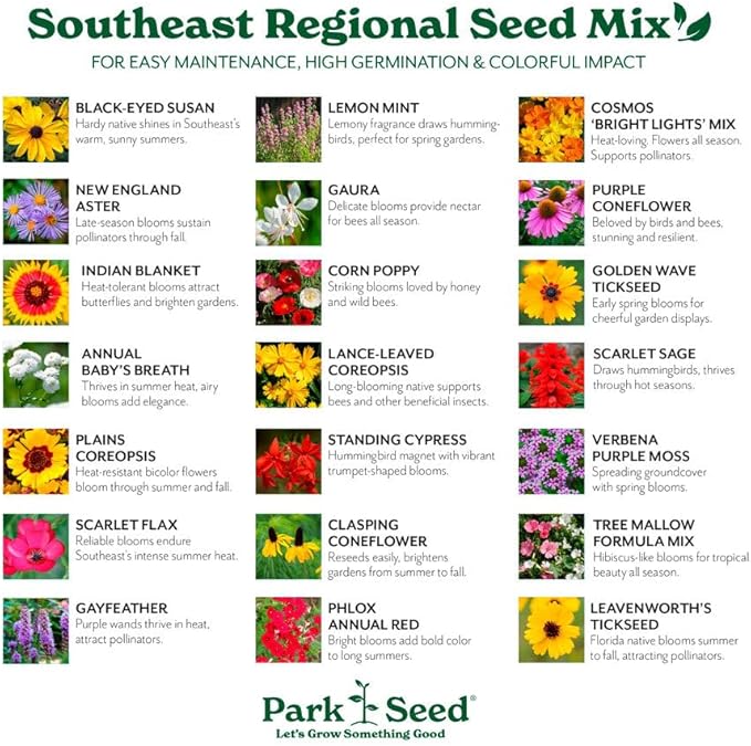 Park Seed Grow Your Own Vibrant Annual and Perennial Wildflower Garden Seeds Mixture, Easy to Grow Varieties for Pollinators and Spring Gardens - Southeast Regional Mix, 10 lbs