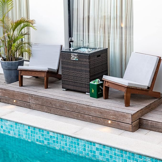 40,000 BTU Outdoor Propane Fire Pit Table with Auto-Ignition - Tempered Glass Wind Guard, Marble Tile Surface, Mixed-Color Fire Glass Rocks & Weather-Resistant Brown PE Rattan